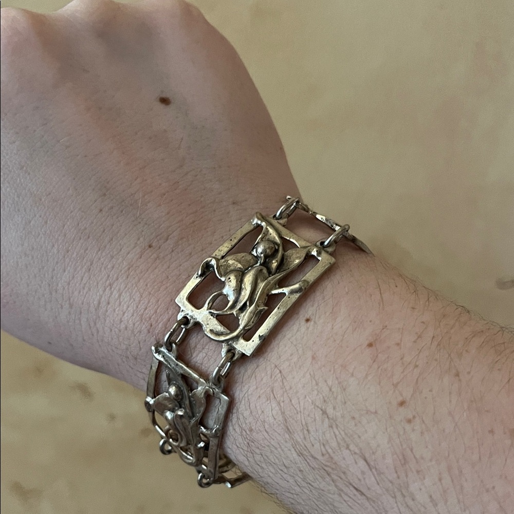 Vintage Sterling Silver Art Nouveau Panel Bracelet